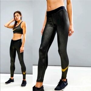 Nike Pro Dri Fit Black Gold Metallic Sparkle Leggings Training Tights W Med